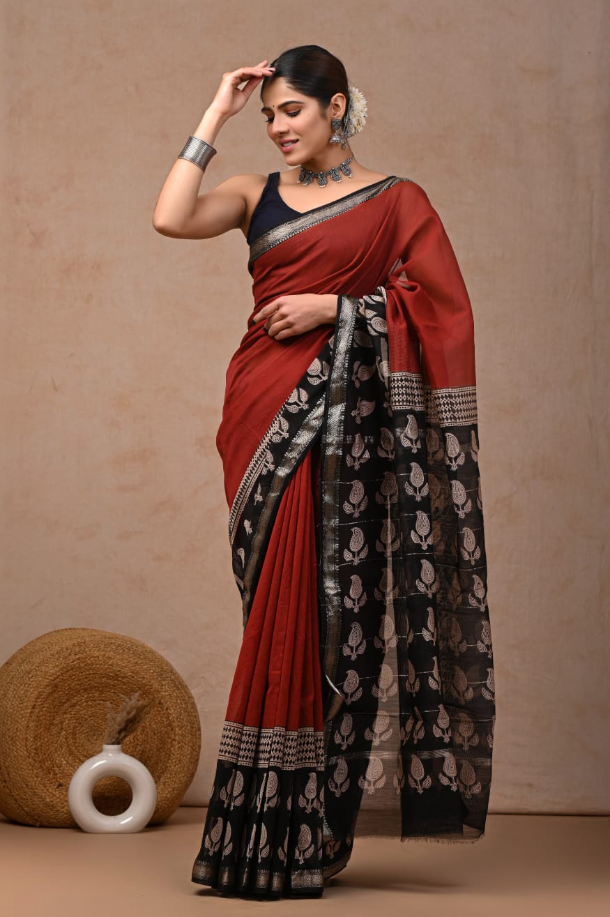 Red Maheshwari Silk Handblock Printed Saree with Paisley Butta in Pallu – Wholesale Designer Silk Saree